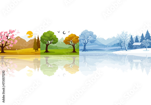 Split image shows four distinct seasons with varied trees and reflected landscapes