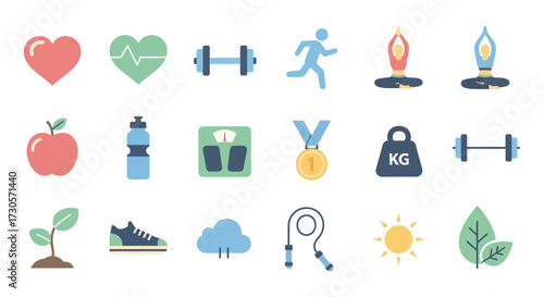 Vibrant Flat Design Health and Fitness Icons Set, Wellness and Exercise Symbols.