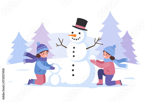 Two kids construct a snowman with trees in the background