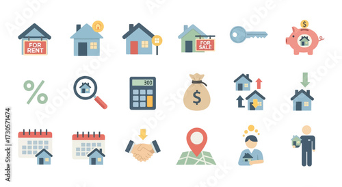 Vibrant real estate and property management flat icons collection, featuring houses, keys, money, and calculators.