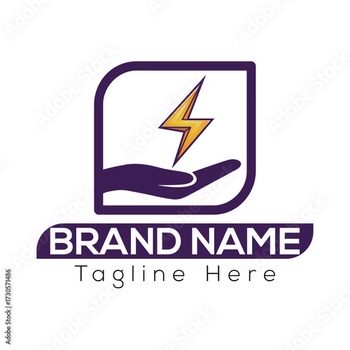 Purple hand holding yellow lightning bolt inside rounded square logo design brand symbol electricity