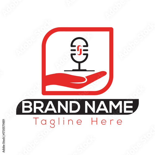 Red and black microphone logo with open hand and text elements vector graphic