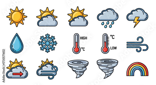 Weather Icons Set - Sun, Clouds, Rain, Snow, Thermometer, Wind, Tornado, and Rainbow.