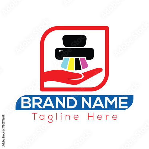 Red hand holding black printer with C M Y K ink cartridges and brand name text vector CMYK cyan
