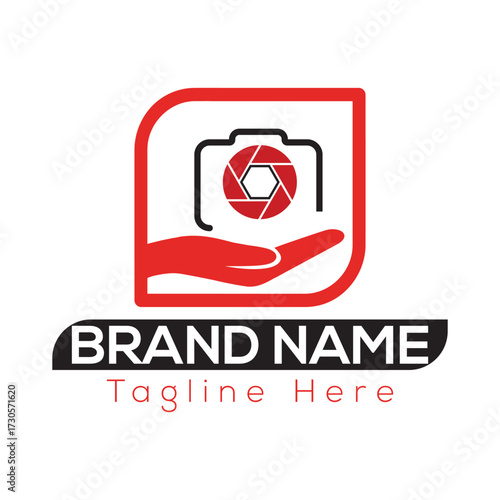 Red camera lens aperture on open hand inside rounded square logo with brand name text tagline