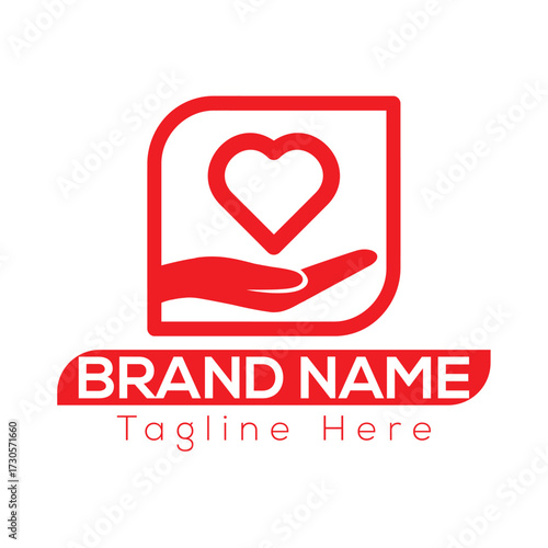 Red heart symbol held in open hand within rounded square logo design love care vector