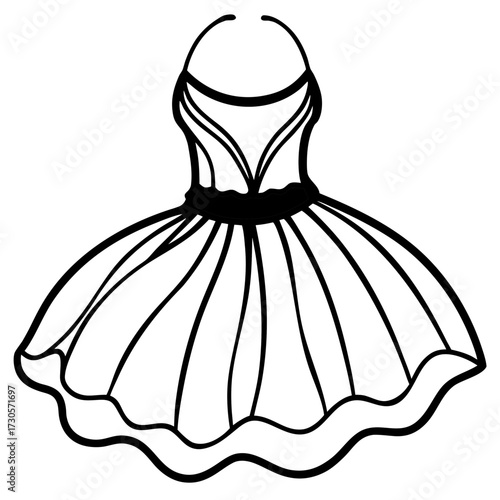 Elegant Tulle Dress Fashion Outline Vector Drawing Isolated on White