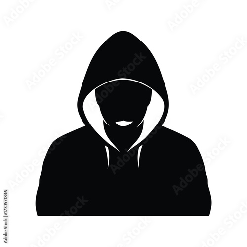 Silhouette of a hooded figure representing anonymity and potential danger or mystery, hacker in dark room with hoodie silhouette vector illustration