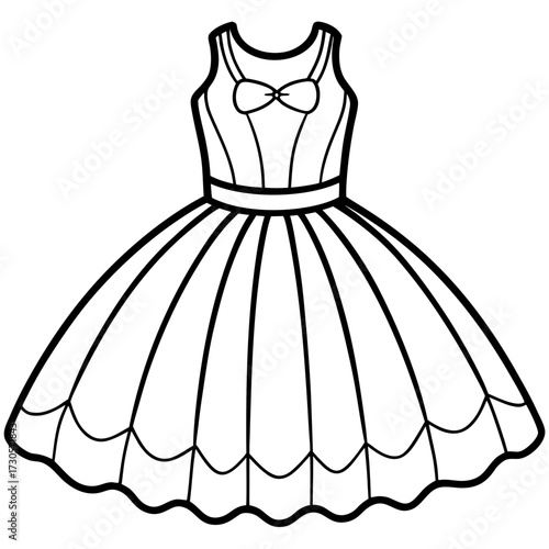 Elegant Tulle Dress Fashion Outline Vector Drawing Isolated on White