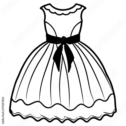 Elegant Tulle Dress Fashion Outline Vector Drawing Isolated on White