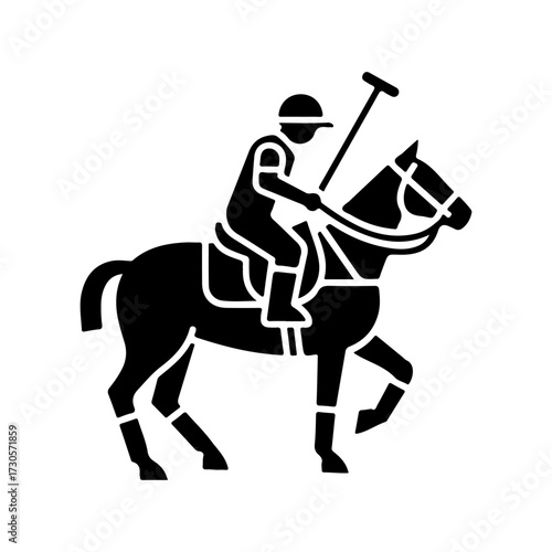 Flat Black Glyph Icon of Equestrian Polo Player and Horse