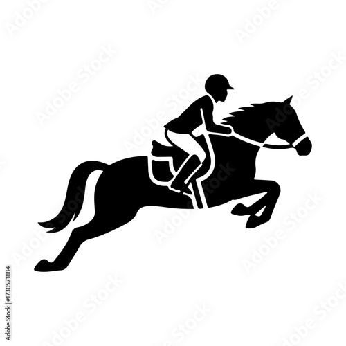 Black Vector Silhouette of Horse and Rider Jumping on White Background