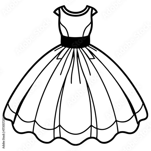 Elegant Tulle Dress Fashion Outline Vector Drawing Isolated on White