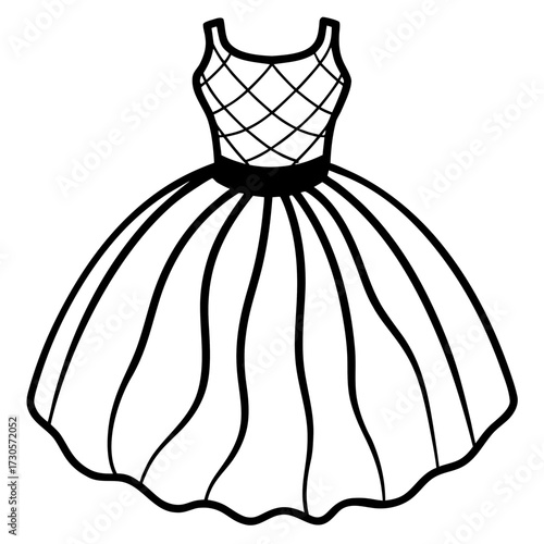 Elegant Tulle Dress Fashion Outline Vector Drawing Isolated on White