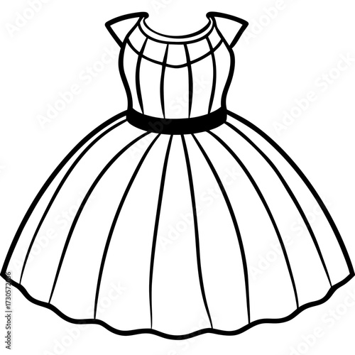 Elegant Tulle Dress Fashion Outline Vector Drawing Isolated on White
