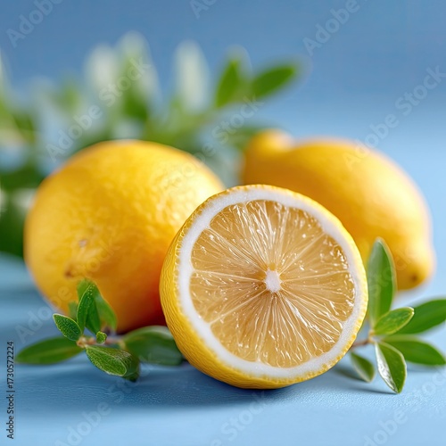 Macro Close Up of Fresh Lemons Whole and Sliced on Blue Surface with Green Leaves