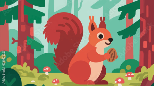 Illustration Of Red Squirrel Holding A Nut In A European Pine Forest With Moss And Small Mushrooms Vector Design Template