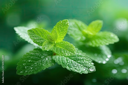 Macro Close Up of Fresh Mint Green Leaves Isolated on Green Background with Bokeh Effect