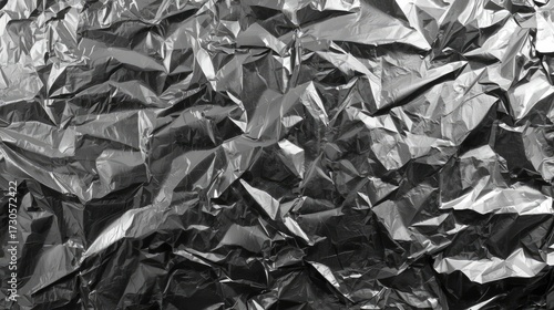 Crumpled aluminum foil texture features multiple folds and creases, creating a shiny, reflective surface with various shades of gray and silver.