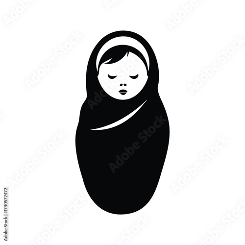 Graphic depiction of a sleeping newborn baby swaddled in black fabric, newborn baby swaddled silhouette vector illustration