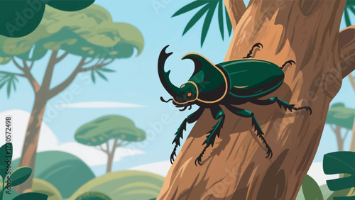 Illustration Of A Rhinoceros Beetle With Horns Crawling On A Tropical Tree Trunk At Night Vector Design Template