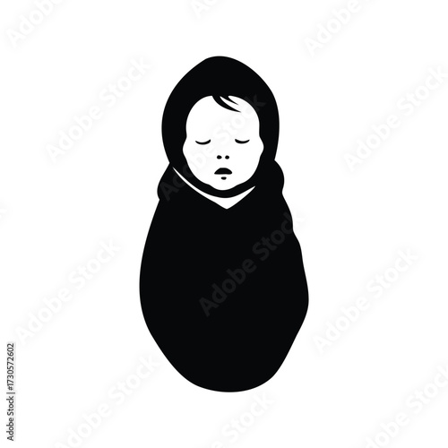 Stylized  of a swaddled baby with closed eyes in black and white, newborn baby wrapped in blanket silhouette vector illustration