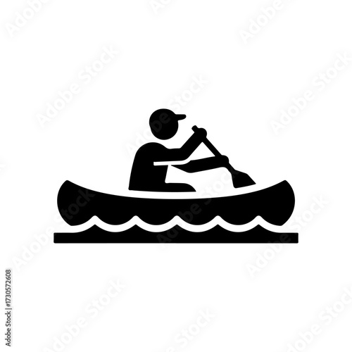 Minimalist Black Flat Vector Icon of Paddler in Canoe on Water