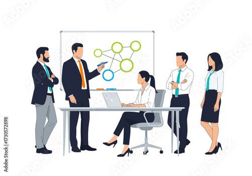 A team of business professionals collaborating in a meeting, with a man presenting a network diagram on a whiteboard.