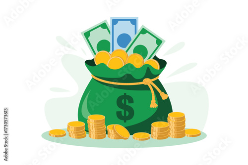 Cartoon Illustration: A Green Bag Overflowing with Gold Coins and Currency, Representing Wealth, Success, Savings, and Financial Security.