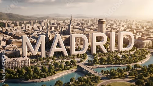 Animated 3D Miniature Madrid City Model Transforms from Map to Realistic Cityscape with Giant Text