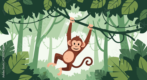 Happy cartoon monkey swinging playfully on a jungle vine with lush green leaves and trees, cute primate character, vector illustration isolated on transparent background.