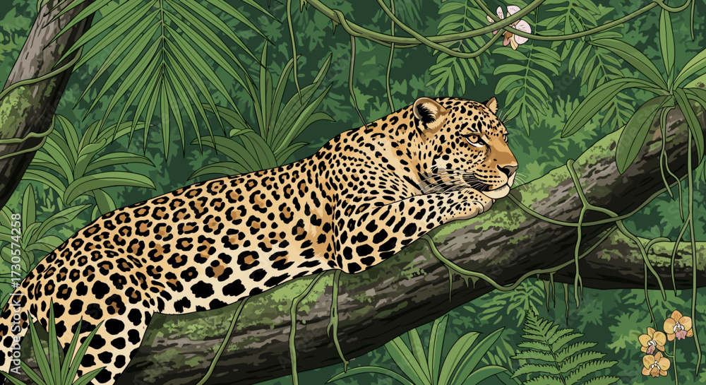 Naklejka premium Detailed vector illustration of a majestic leopard relaxing on a thick tree branch surrounded by lush tropical jungle foliage and isolated on transparent background.
