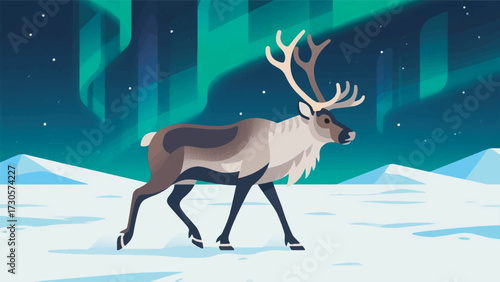 Illustration Of A Thick Furred Reindeer Walking In A Polar Snowfield With Aurora In The Sky Vector Design Template