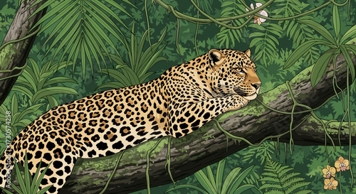 Detailed vector illustration of a majestic leopard relaxing on a thick tree branch surrounded by lush tropical jungle foliage and isolated on transparent background.