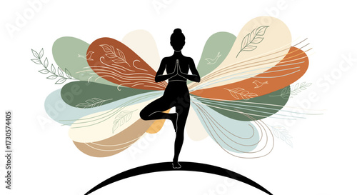 Vector illustration of a woman's silhouette in a yoga meditation pose with abstract, flowing botanical wings in earthy tones, isolated on transparent background.