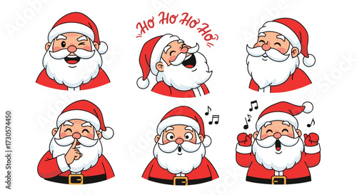 Collection of Santa Claus character head emoticons showing festive emotions for Christmas design. SVG vector illustration isolated on transparent background.