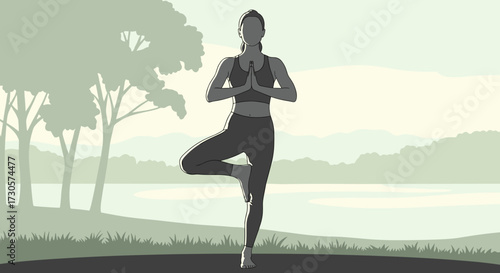 Woman in tree pose practicing yoga in serene nature landscape with lake and trees. Vector illustration concept for wellness and healthy lifestyle. Svg.