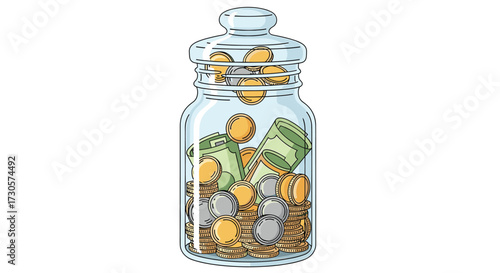 Cartoon Money Jar Illustration: Savings, Finances, and Financial Planning for the Future, including Coins and Paper Bills inside the Glass Jar