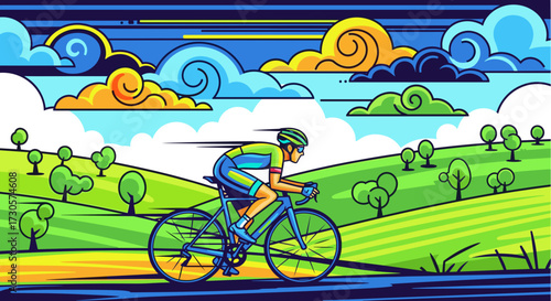Vector illustration of a professional cyclist racing fast on a road bike through a stylized green countryside landscape, svg on transparent background.