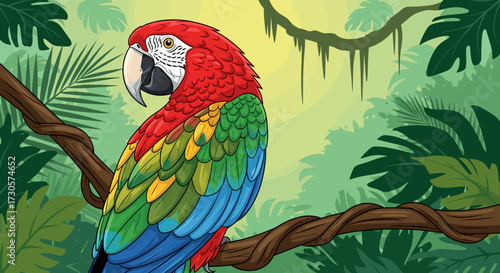 Colorful scarlet macaw parrot perched on a jungle vine branch. Tropical bird in a rainforest environment. Vector illustration svg file for various designs.