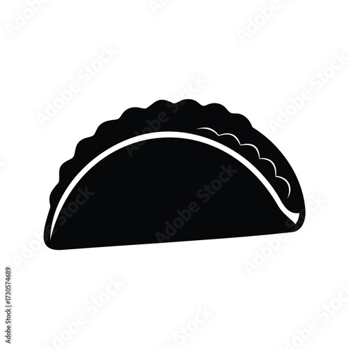 Black and white illustration of a delicious empanada with a patterned edge, taco with salsa silhouette vector illustration