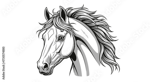 Artistic vector illustration of a horse head in an abstract monochrome style. This equine graphic is isolated on a transparent background. Svg format.