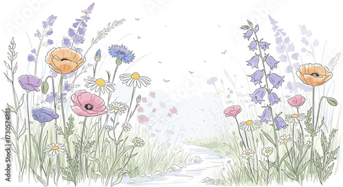 Hand-drawn vector illustration of a colorful wildflower meadow with poppies and lavender, isolated on transparent background. Botanical floral art svg.