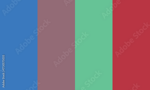 Color palette with blue, mauve, green, and red vertical stripes.