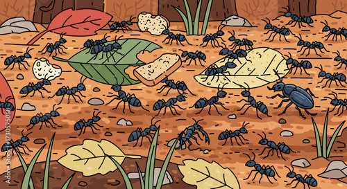A colony of black ants foraging for food on the forest floor, a detailed scene with leaves. Hand-drawn nature wildlife teamwork svg vector illustration.