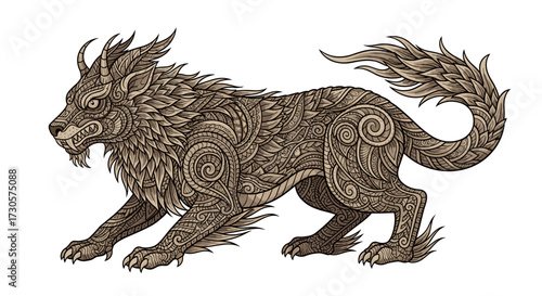 Detailed fantasy wolf beast with ornamental leaf patterns in a vintage engraving style. Mythical creature svg vector isolated on transparent background.