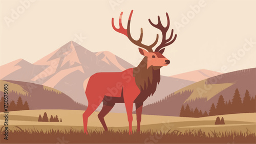Illustration Of A Red Deer Standing Proudly In A European Meadow With A Mountain Backdrop Vector Design Template