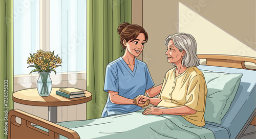 Caring nurse holds elderly patient's hand in a hospital bed, a compassionate healthcare vector illustration svg, isolated on transparent background.
