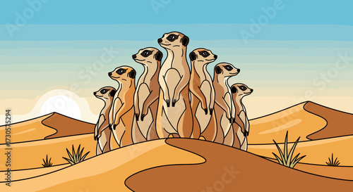 A group of meerkats standing guard in a desert landscape with sand dunes at sunrise, a detailed vector illustration isolated on transparent background svg.