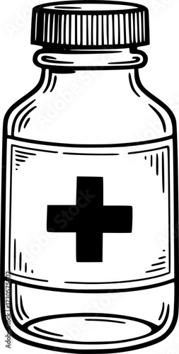 a black and white drawing of a medicine bottle with a cross on it, vector illustration

